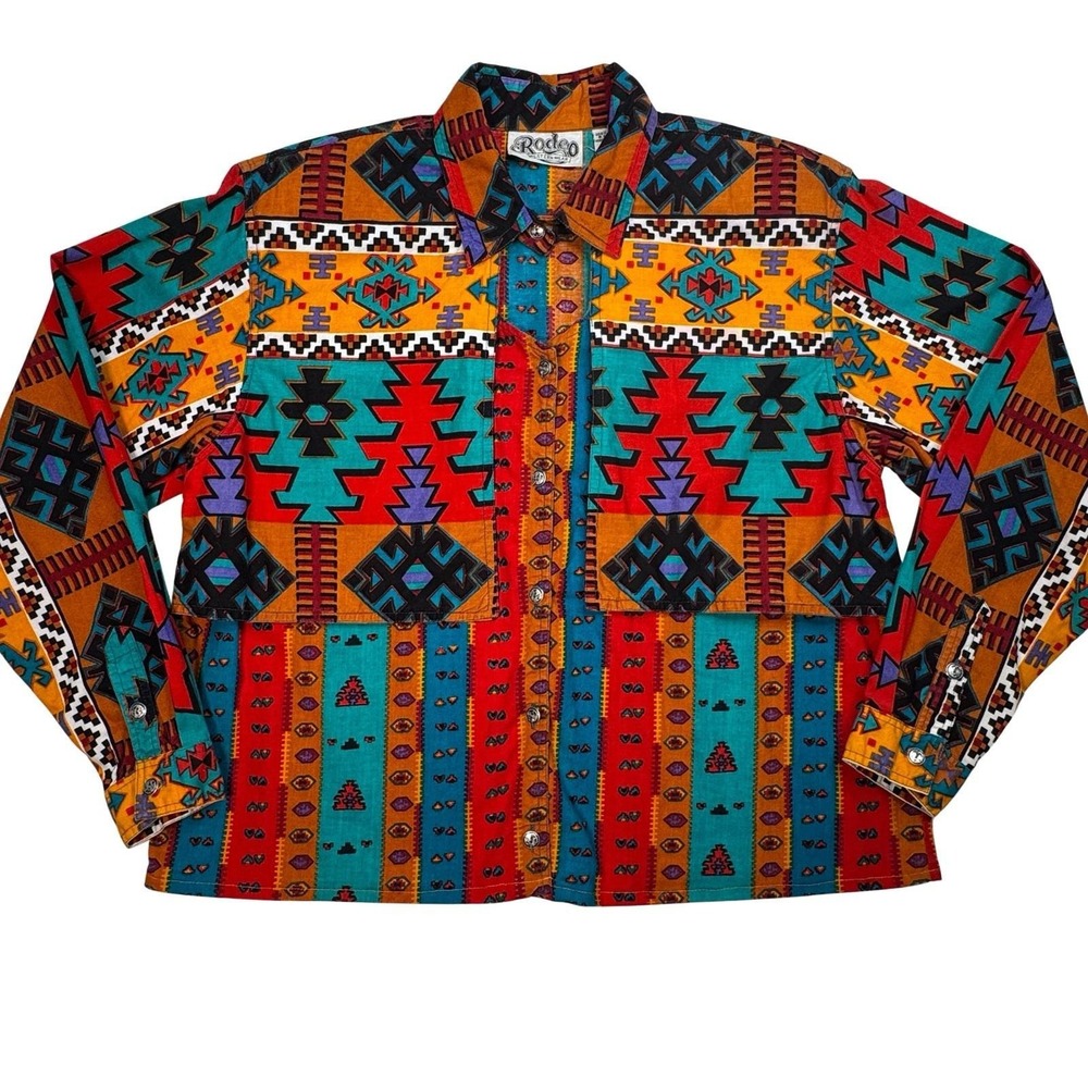 Rodeo Western Wear Women's Shirt‎ L Vintage Southwest Aztec Geometric Cotton